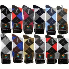 3/6/12 Pairs of Men's Cotton Diamond Striped Solid Color Ribbed Socks, with Random Style and Color (Quantity: 3 Pairs)