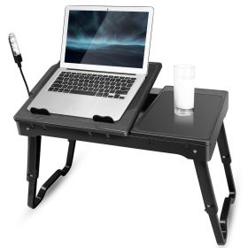 Foldable Laptop Table Bed Desk w/Cooling Fan Mouse Board LED 4 USB Ports Snacking Tray with Storage for Home Office (Color: Black, size: One size)