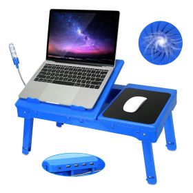 Foldable Laptop Table Bed Desk w/Cooling Fan Mouse Board LED 4 USB Ports Snacking Tray with Storage for Home Office (Color: Blue, size: One size)